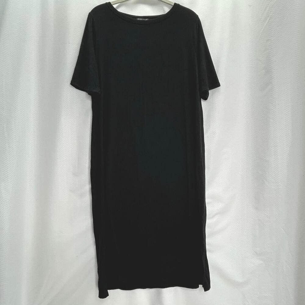 Eileen Fisher black jersey knit midi dress loungewear comfy casual